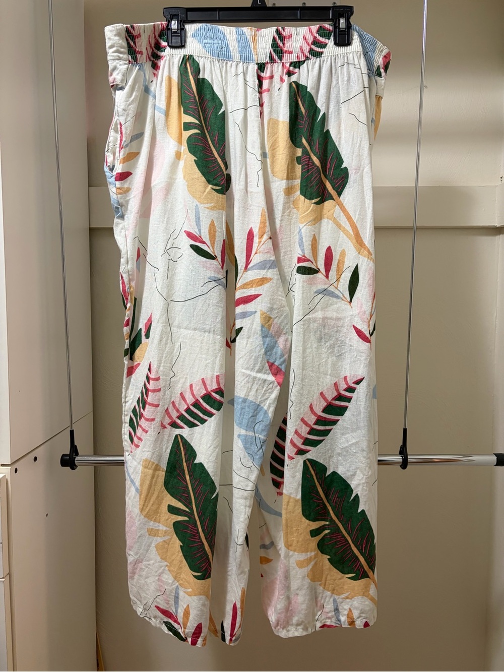 Cynthia Rowley White Wide-Leg Tropical Leaf Print Pants